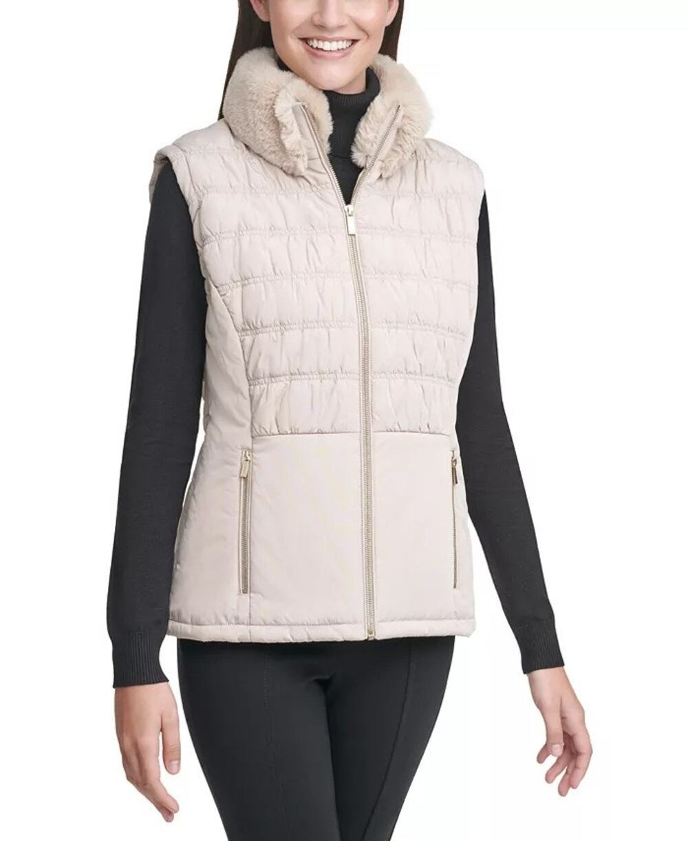 CALVIN KLEIN Faux-Fur Collar Beige Quilted Vest | Medium